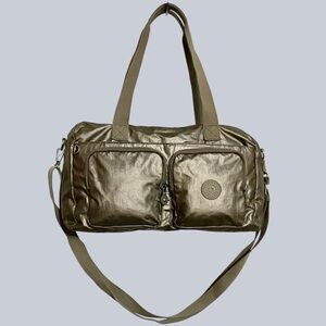 Kipling Cyrene Metallic Mara Gold Nylon Shoulder Tote Duffle Crossbody Bag Purse